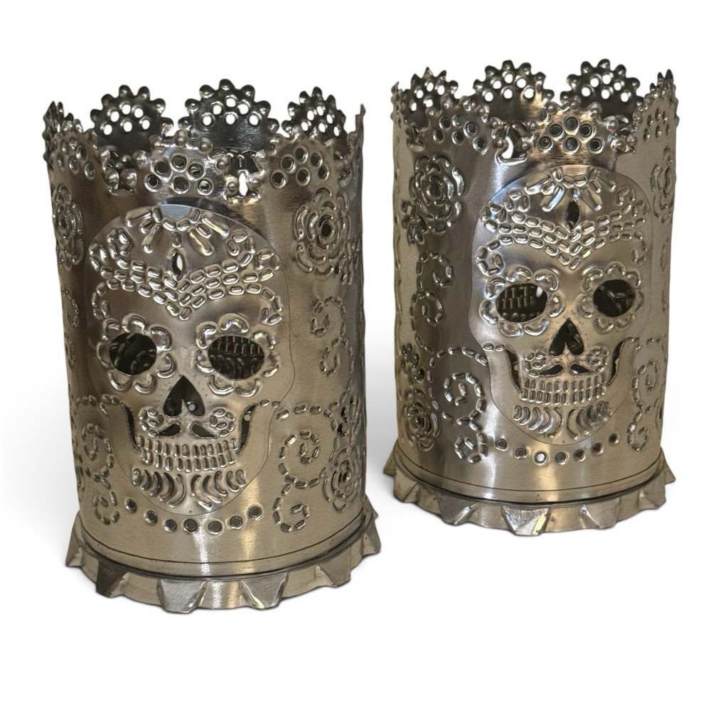 Set of 2 Day of the Dead Sugar Skull Tin Luminaries Candle Holders Mexican Decor